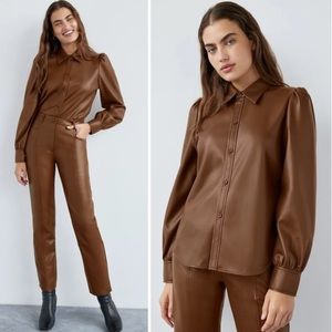 Aritzia Wilfred Mila Faux Leather Puff Sleeve Button Down Shirt Brown sz Small